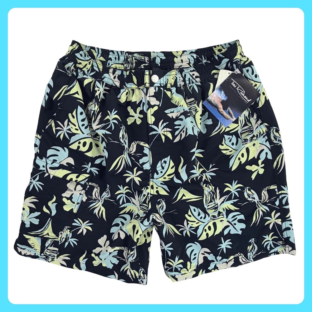 Tori Richard Swim Trunks Shorts Men Medium Black Tropical Parrot Lined Brief NWT